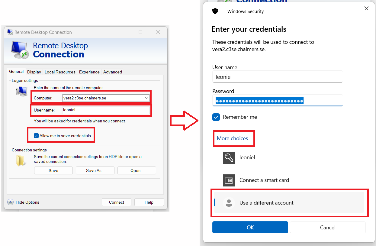 The Windows Remote Desktop client with important options highlighted
