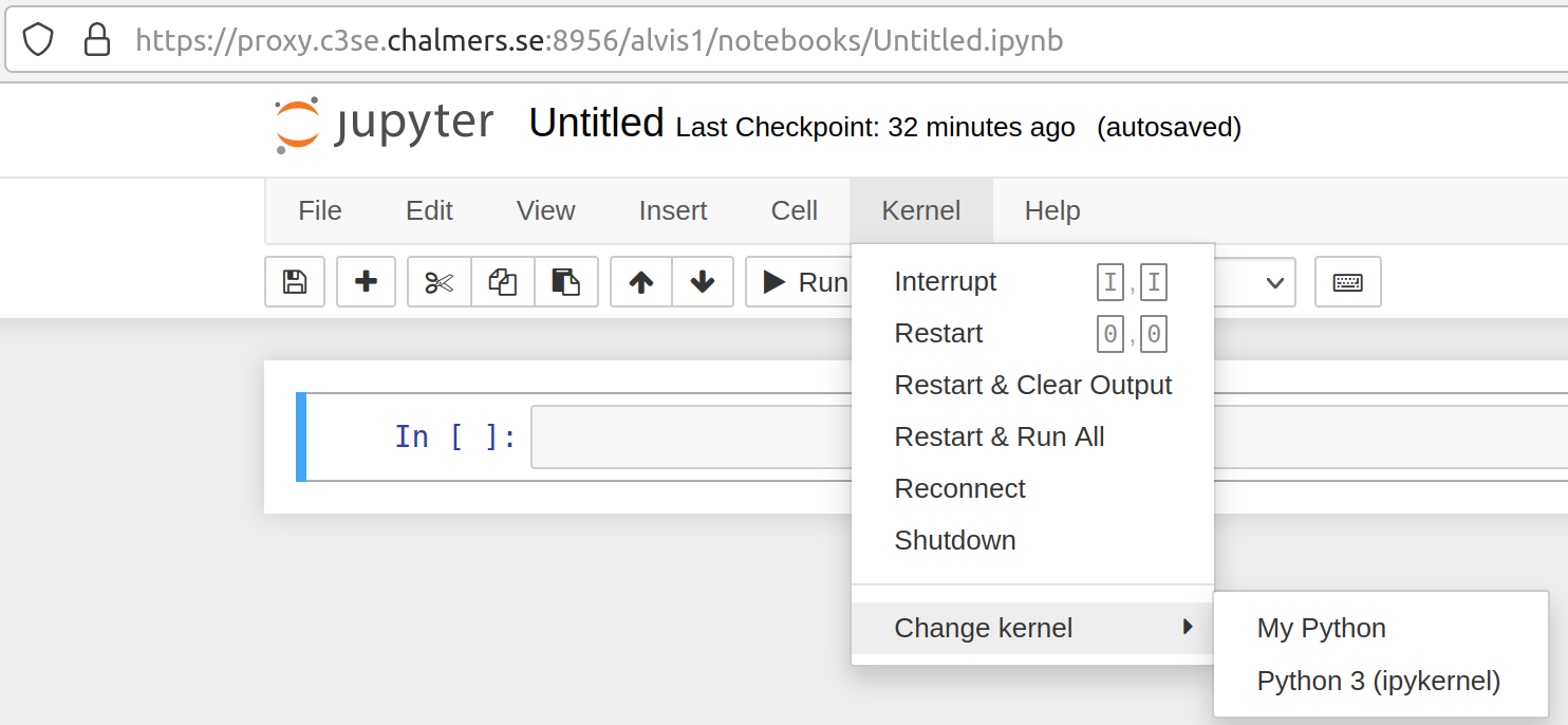 Changing kernel is done under Kernel>Change kernel>My Python